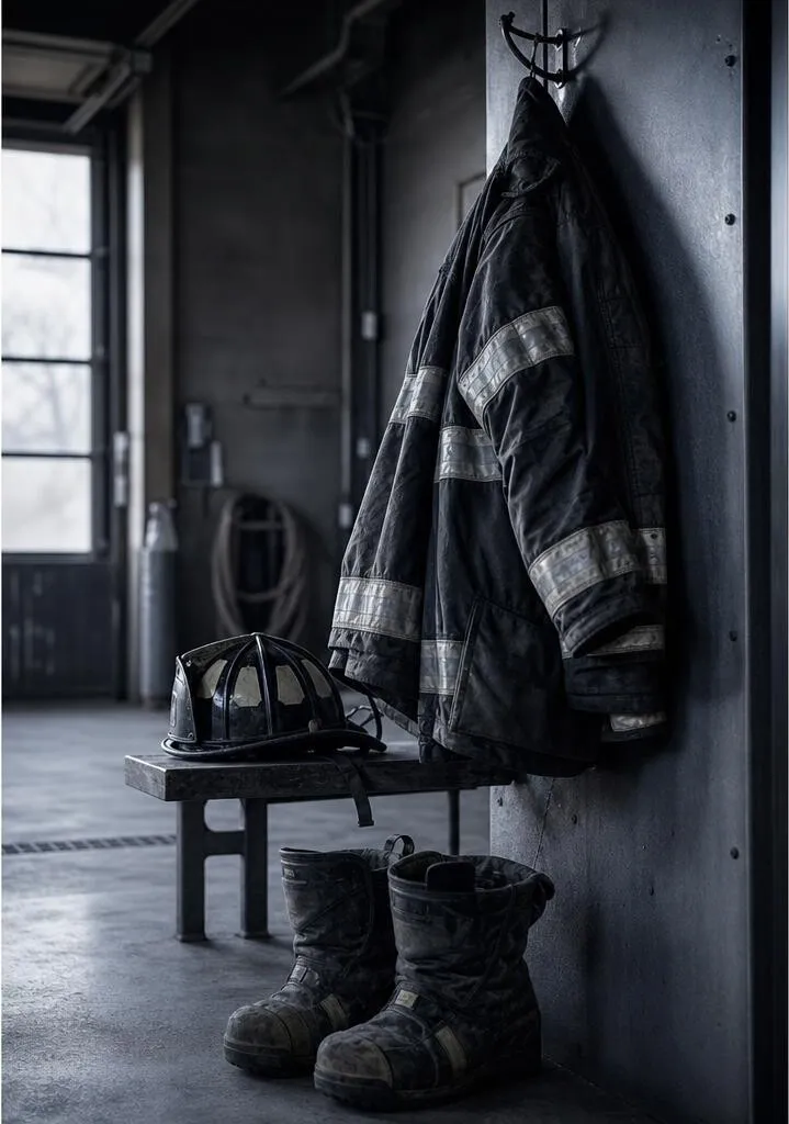 Firefighter turnout gear and a helmet resting in an empty station bay